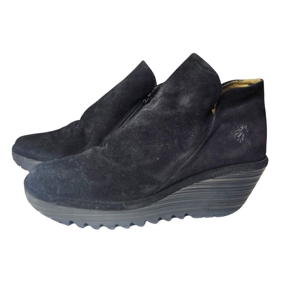 Fly London Yip Wedge Booties Ankle Boots Black Suede 41EU / 10US
